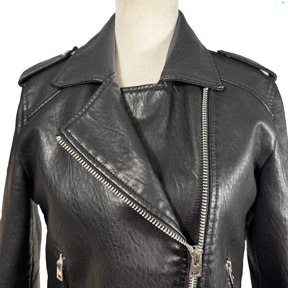 Size 6 Topshop Black Faux Leather classic Moto Jacket pockets Zippers Unisex - Picture 3 of 12